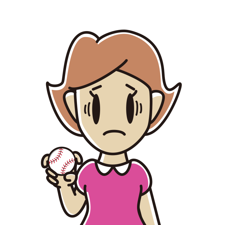 フォークボールの握り方で困る女性のイラスト【色あり、背景なし】透過PNG