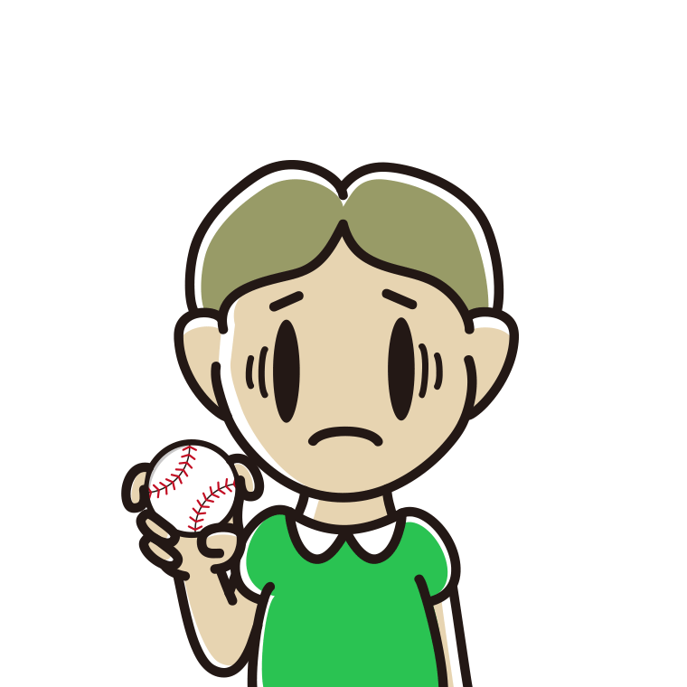 フォークボールの握り方で困る小学生男子のイラスト【色あり、背景なし】透過PNG