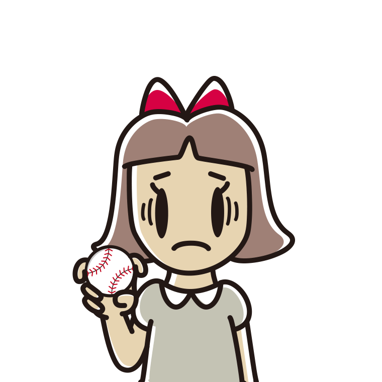 フォークボールの握り方で困る小学生女子のイラスト【色あり、背景なし】透過PNG