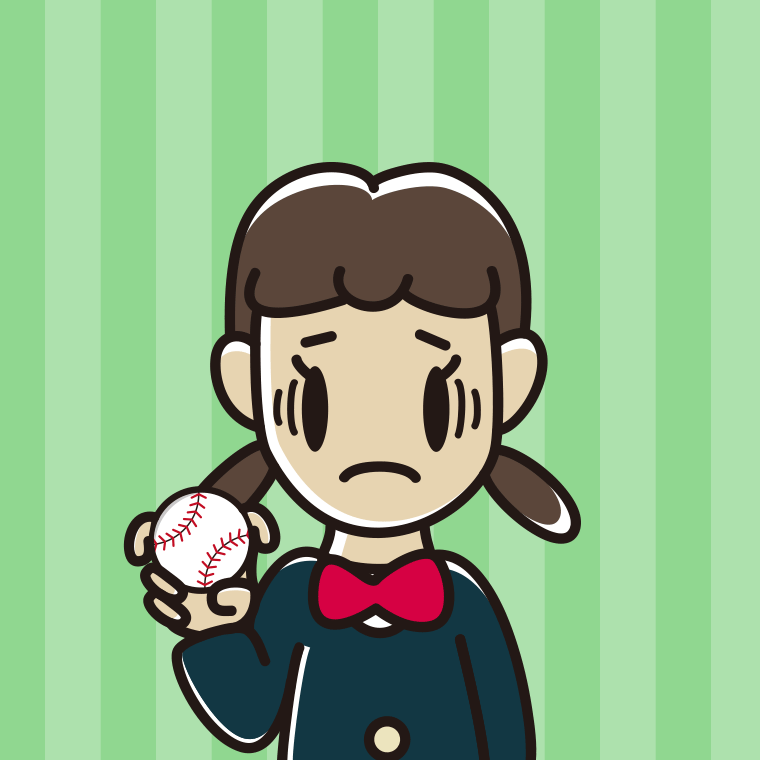 フォークボールの握り方で困る女子中学生のイラスト【色、背景あり】PNG