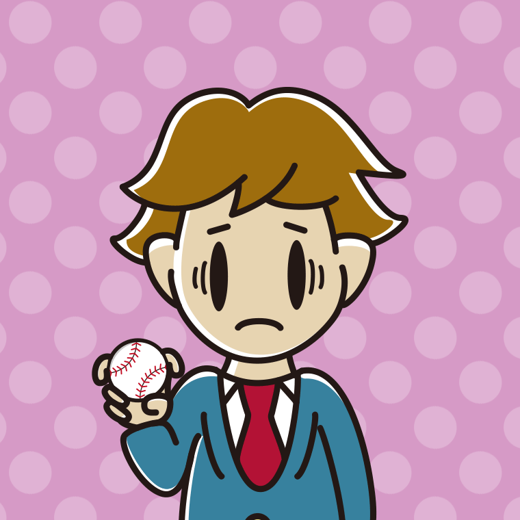 フォークボールの握り方で困る男子高校生のイラスト【色、背景あり】PNG