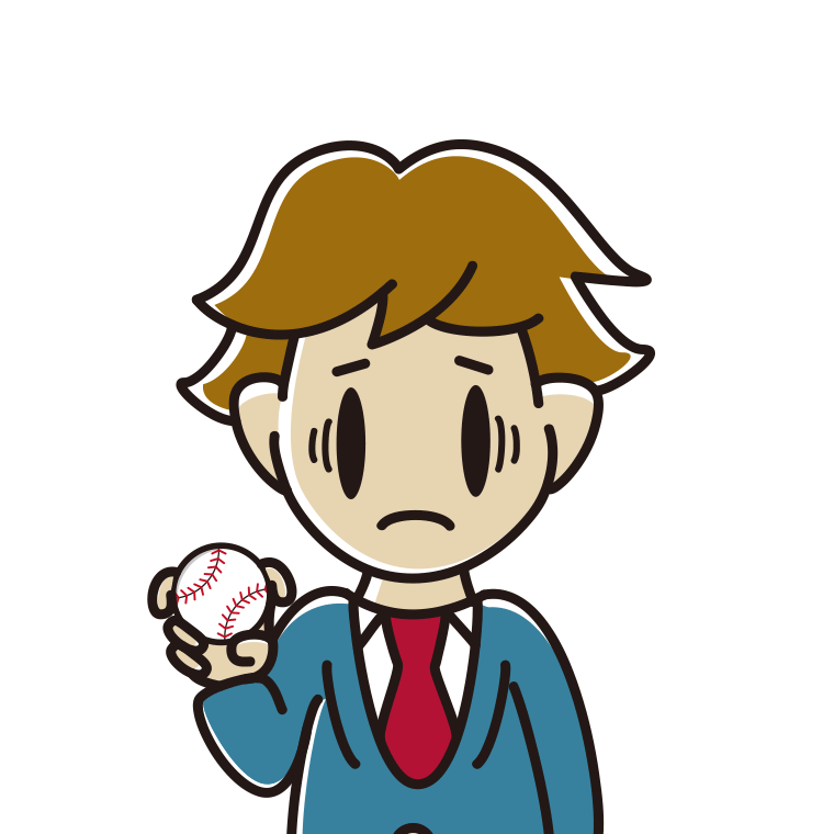 フォークボールの握り方で困る男子高校生のイラスト【色あり、背景なし】透過PNG