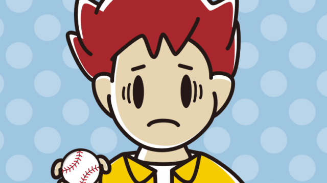 フォークボールの握り方で困る男子大学生のイラスト【色、背景あり】PNG