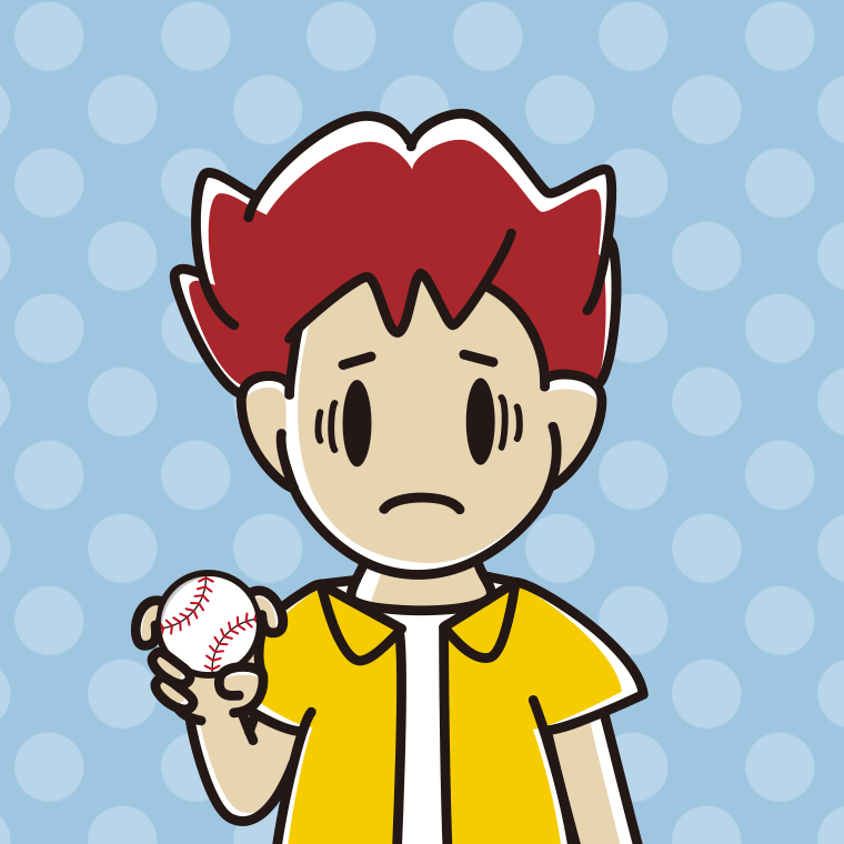 フォークボールの握り方で困る男子大学生のイラスト【色、背景あり】PNG