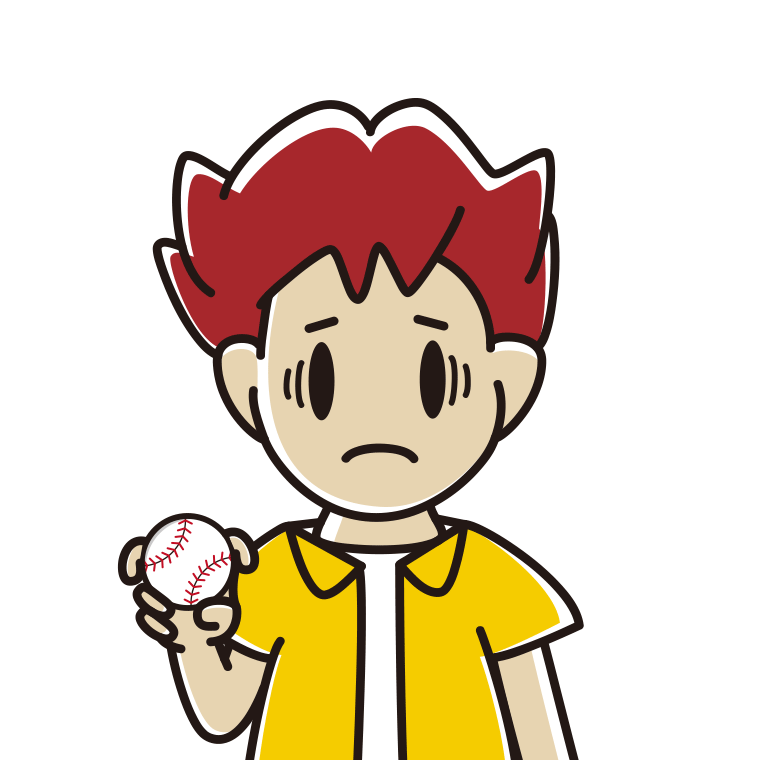 フォークボールの握り方で困る男子大学生のイラスト【色あり、背景なし】透過PNG