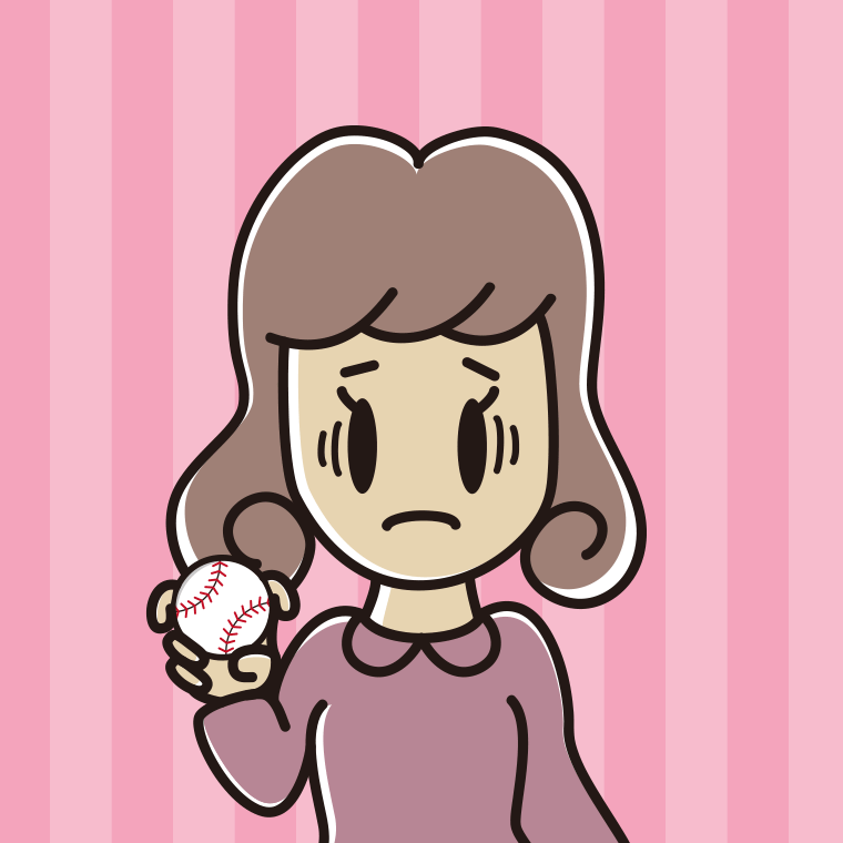 フォークボールの握り方で困る女子大学生のイラスト【色、背景あり】PNG