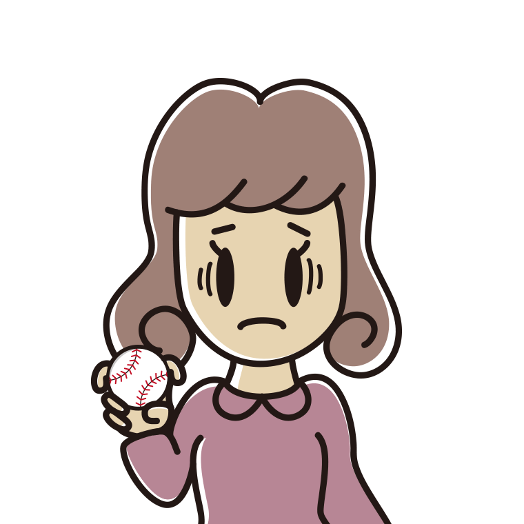 フォークボールの握り方で困る女子大学生のイラスト【色あり、背景なし】透過PNG