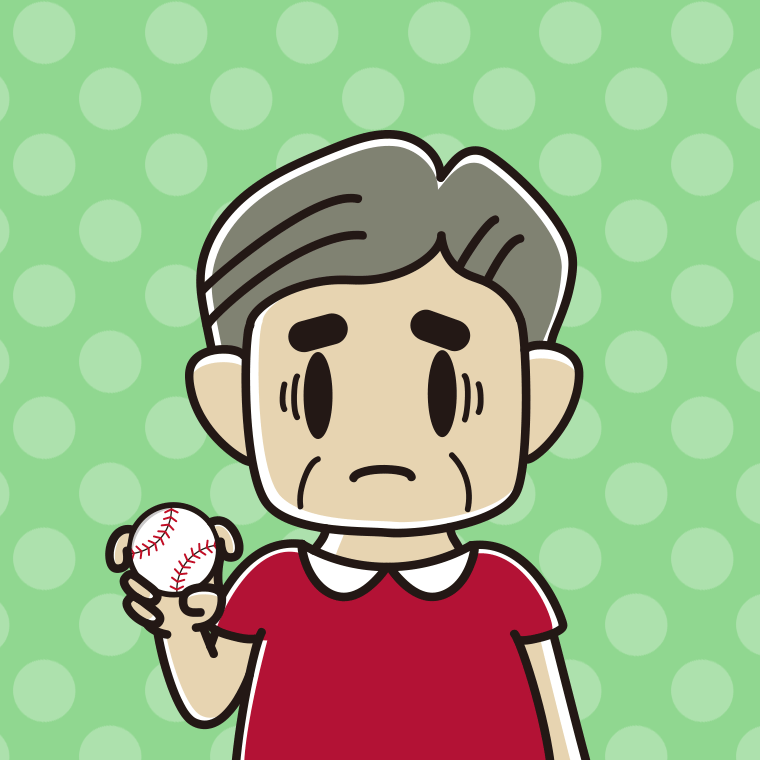 フォークボールの握り方で困るおじさんのイラスト【色、背景あり】PNG