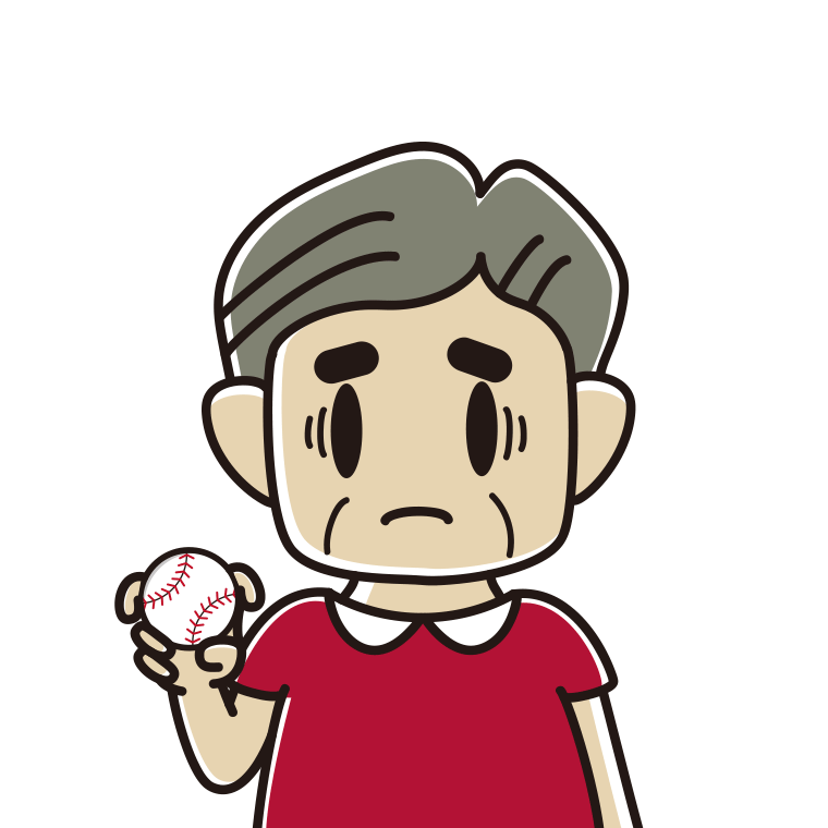フォークボールの握り方で困るおじさんのイラスト【色あり、背景なし】透過PNG