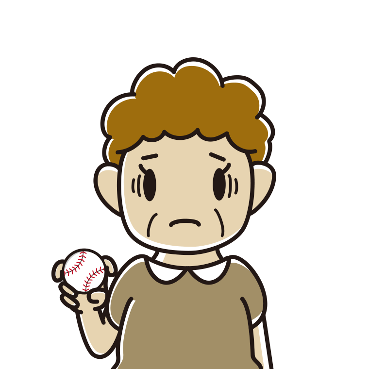 フォークボールの握り方で困るおばさんのイラスト【色あり、背景なし】透過PNG