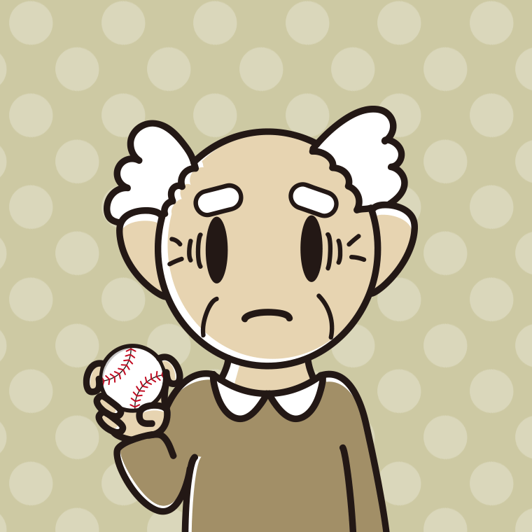 フォークボールの握り方で困るおじいさんのイラスト【色、背景あり】PNG