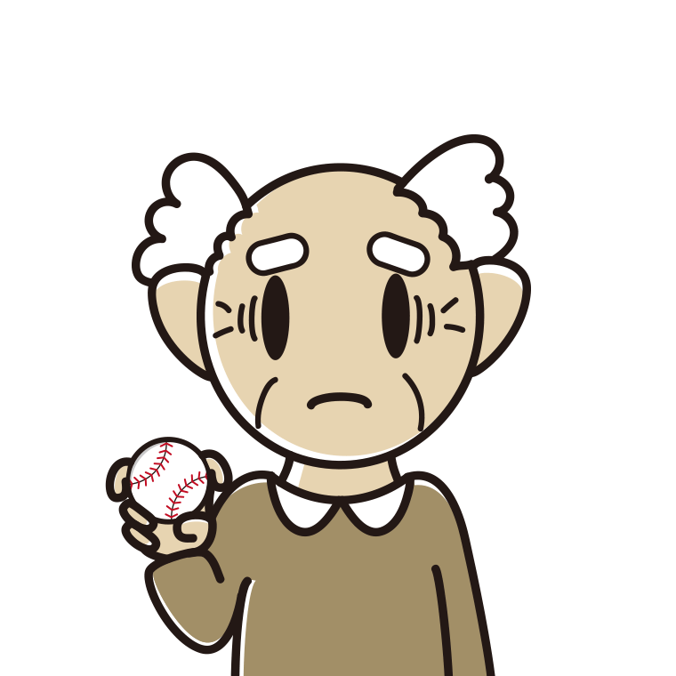 フォークボールの握り方で困るおじいさんのイラスト【色あり、背景なし】透過PNG