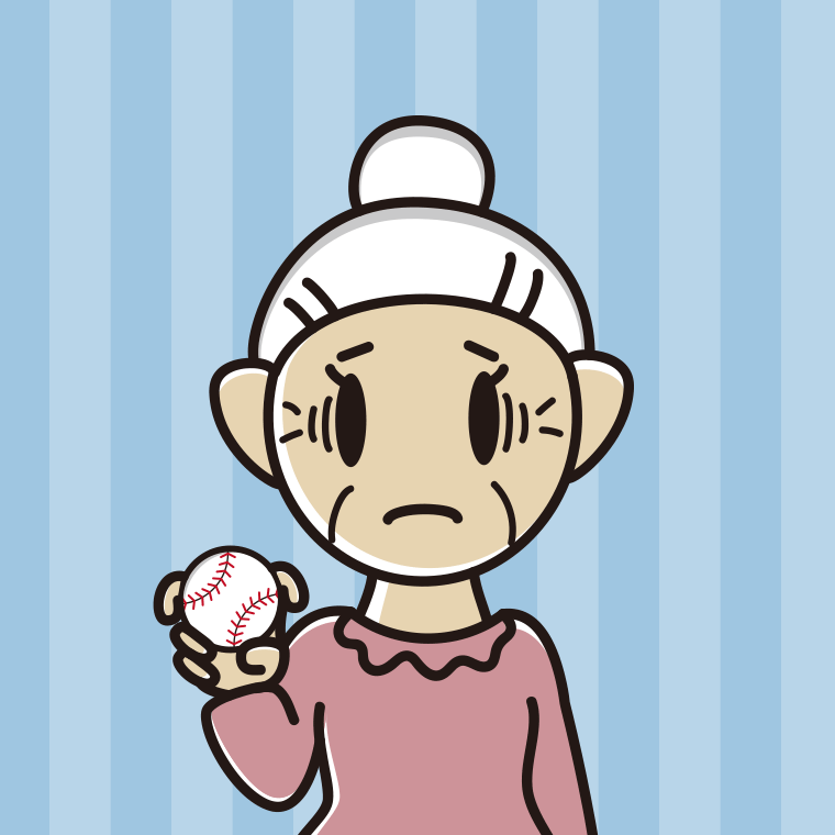フォークボールの握り方で困るおばあさんのイラスト【色、背景あり】PNG