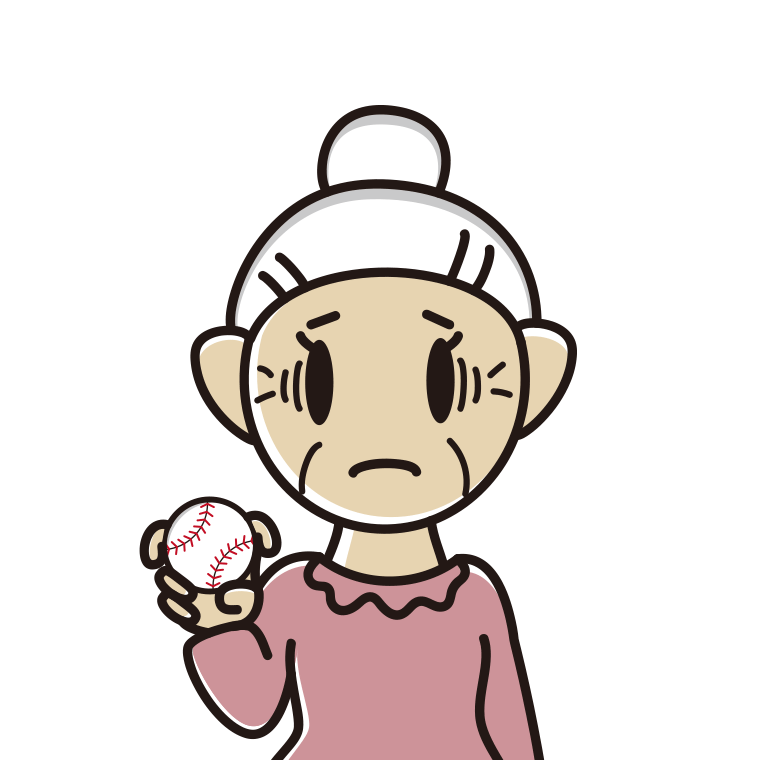 フォークボールの握り方で困るおばあさんのイラスト【色あり、背景なし】透過PNG
