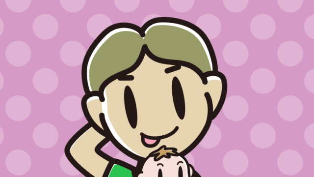 赤ちゃんを抱いてテヘヘな小学生男子のイラスト【色、背景あり】PNG