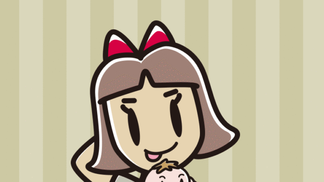 赤ちゃんを抱いてテヘヘな小学生女子のイラスト【色、背景あり】PNG