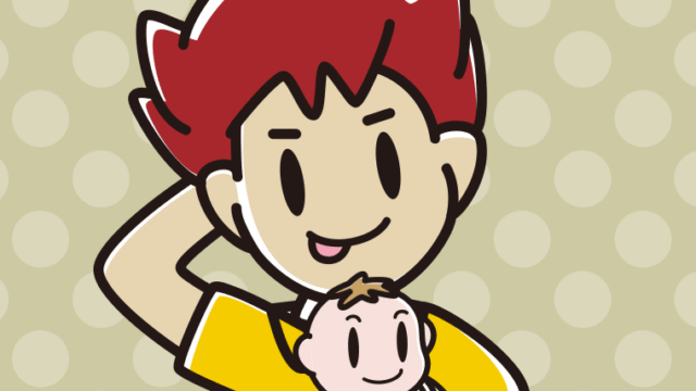 赤ちゃんを抱いてテヘヘな男子大学生のイラスト【色、背景あり】PNG