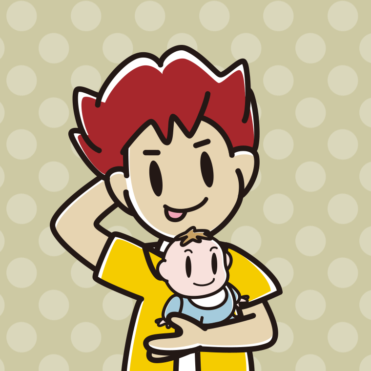 赤ちゃんを抱いてテヘヘな男子大学生のイラスト【色、背景あり】PNG