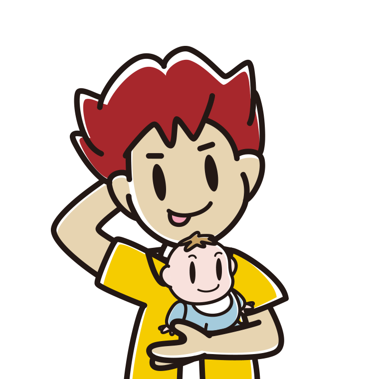 赤ちゃんを抱いてテヘヘな男子大学生のイラスト【色あり、背景なし】透過PNG