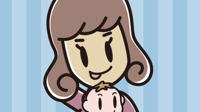 赤ちゃんを抱いてテヘヘな女子大学生のイラスト【色、背景あり】PNG