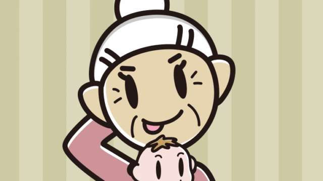 赤ちゃんを抱いてテヘヘなおばあさんのイラスト【色、背景あり】PNG