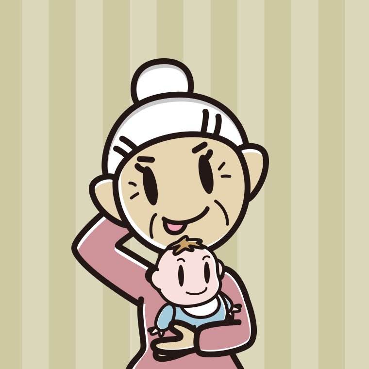 赤ちゃんを抱いてテヘヘなおばあさんのイラスト【色、背景あり】PNG