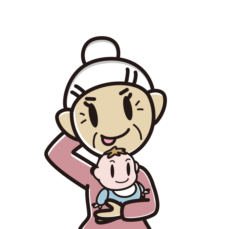 赤ちゃんを抱いてテヘヘなおばあさんのイラスト【色あり、背景なし】透過PNG
