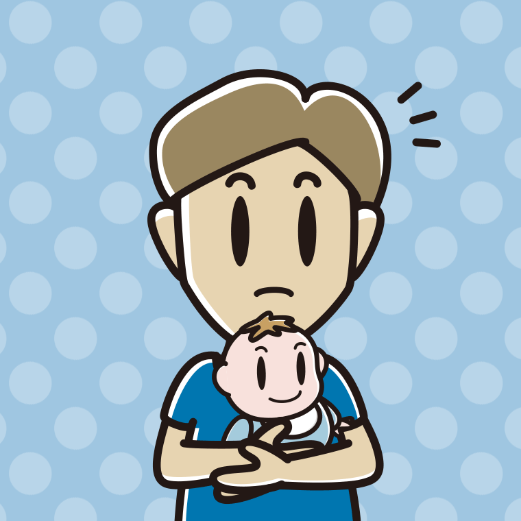 赤ちゃんを抱いて何かに気付く男性のイラスト【色、背景あり】PNG