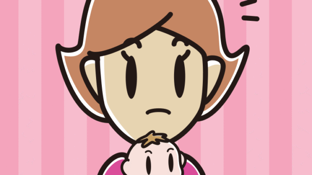 赤ちゃんを抱いて何かに気付く女性のイラスト【色、背景あり】PNG