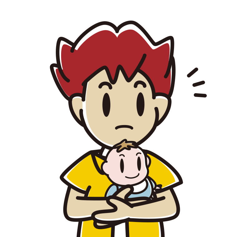 赤ちゃんを抱いて何かに気付く男子大学生のイラスト【色あり、背景なし】透過PNG