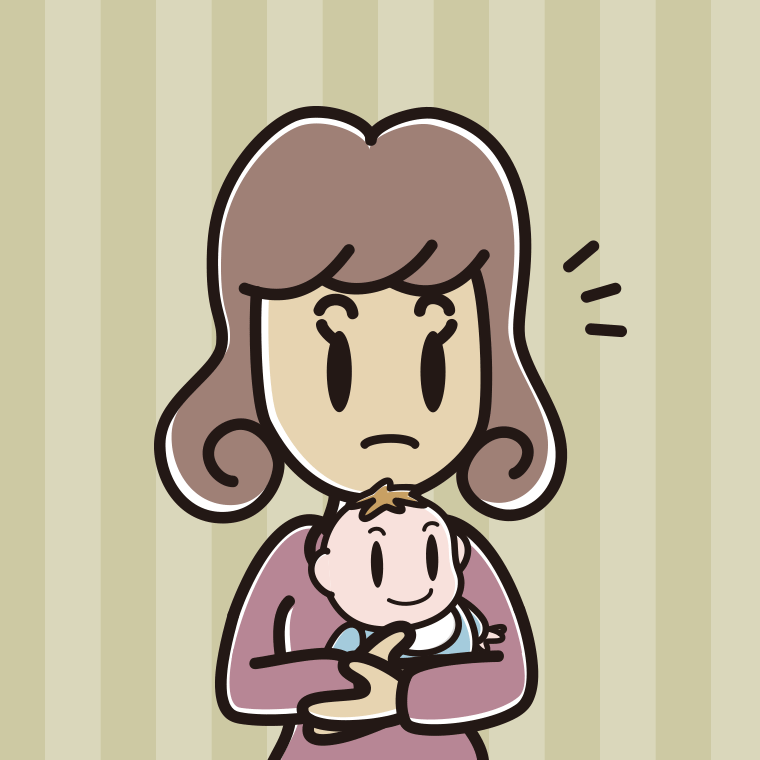 赤ちゃんを抱いて何かに気付く女子大学生のイラスト【色、背景あり】PNG