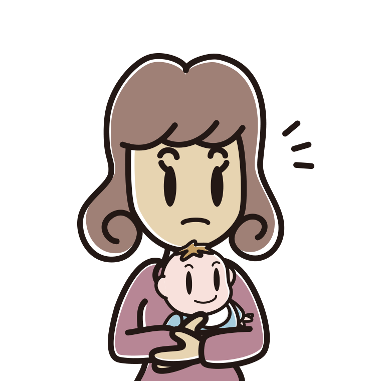 赤ちゃんを抱いて何かに気付く女子大学生のイラスト【色あり、背景なし】透過PNG