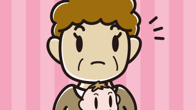 赤ちゃんを抱いて何かに気付くおばさんのイラスト【色、背景あり】PNG