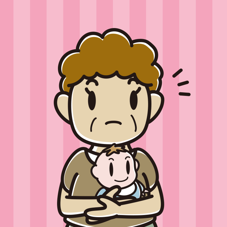 赤ちゃんを抱いて何かに気付くおばさんのイラスト【色、背景あり】PNG