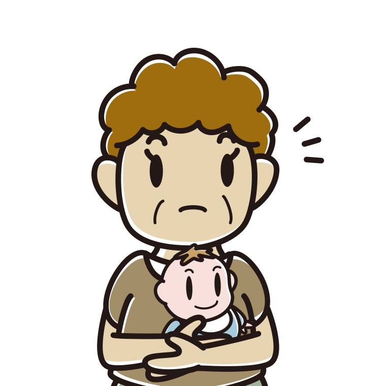 赤ちゃんを抱いて何かに気付くおばさんのイラスト【色あり、背景なし】透過PNG