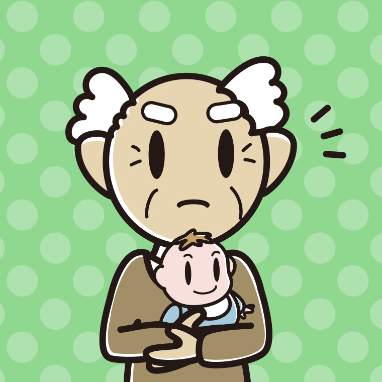 赤ちゃんを抱いて何かに気付くおじいさんのイラスト【色、背景あり】PNG