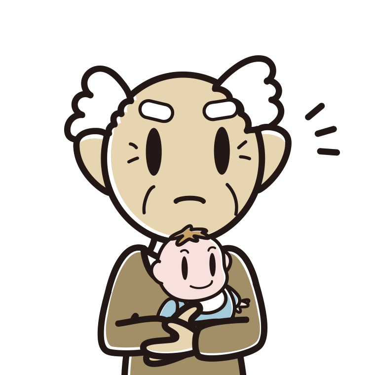 赤ちゃんを抱いて何かに気付くおじいさんのイラスト【色あり、背景なし】透過PNG