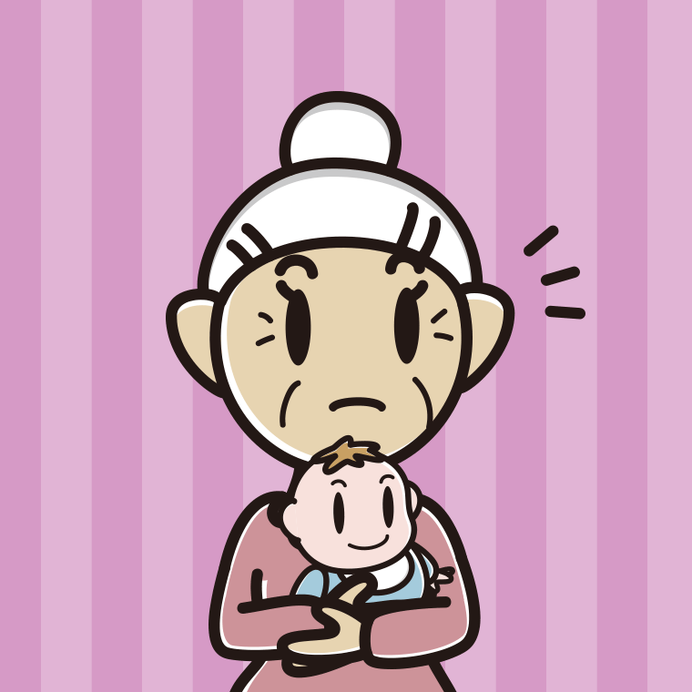 赤ちゃんを抱いて何かに気付くおばあさんのイラスト【色、背景あり】PNG