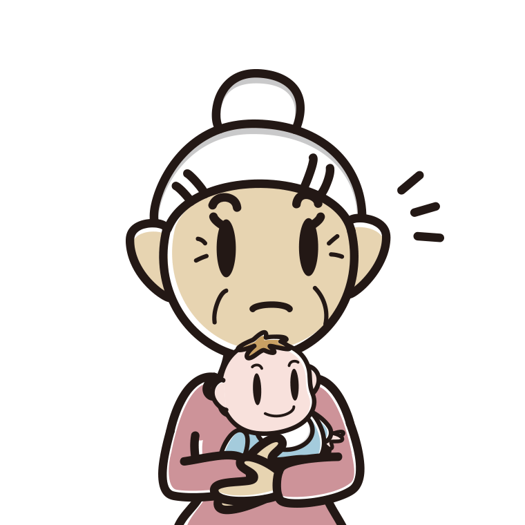 赤ちゃんを抱いて何かに気付くおばあさんのイラスト【色あり、背景なし】透過PNG