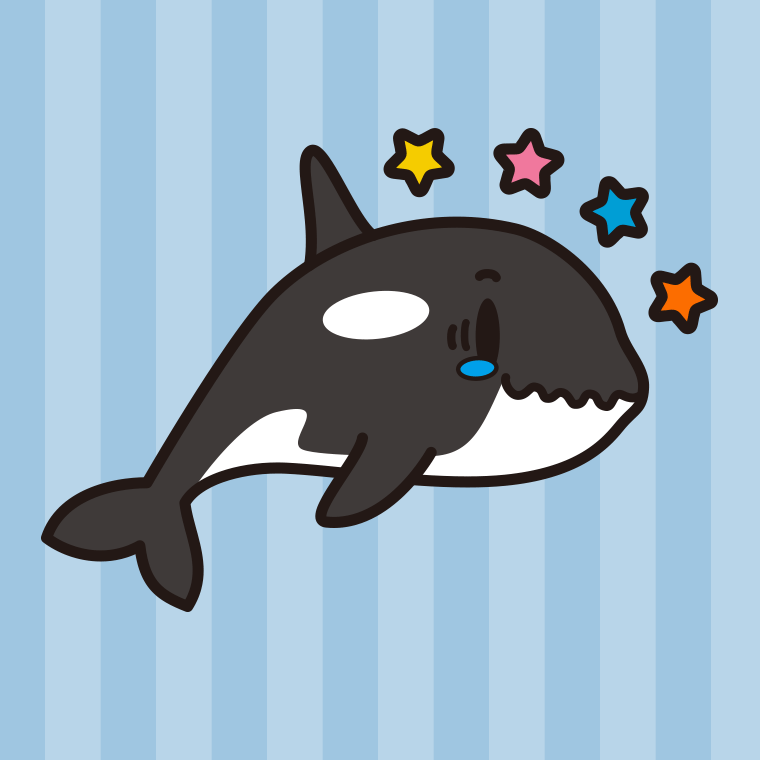 ジーンとするシャチちゃんのイラスト【色、背景あり】PNG