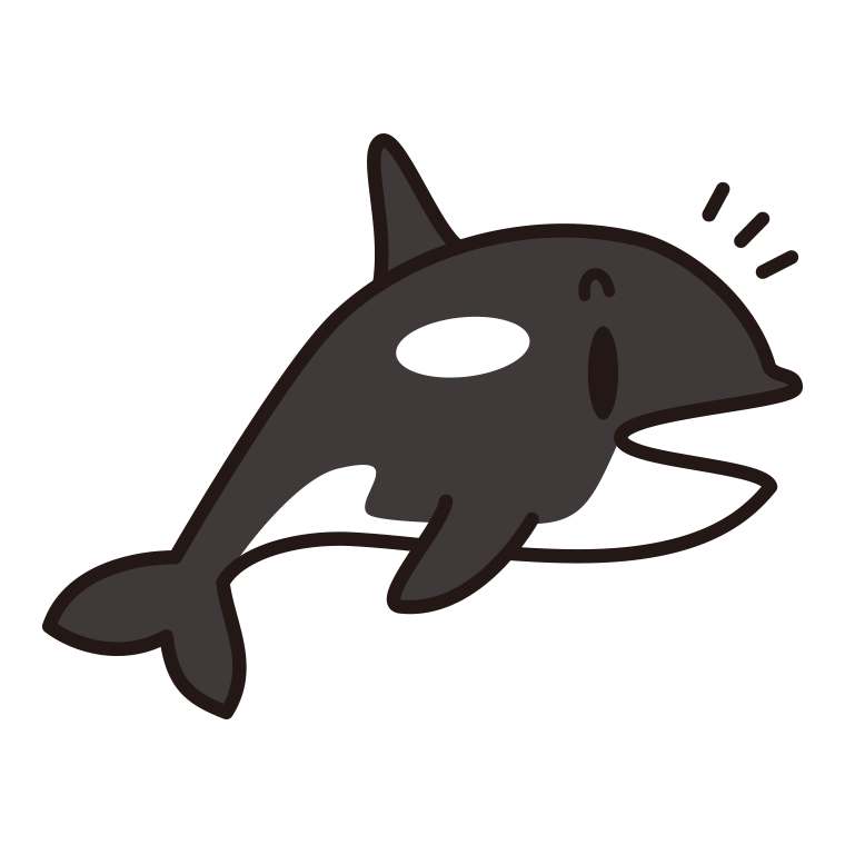何かに気付くシャチちゃんのイラスト【色あり、背景なし】透過PNG