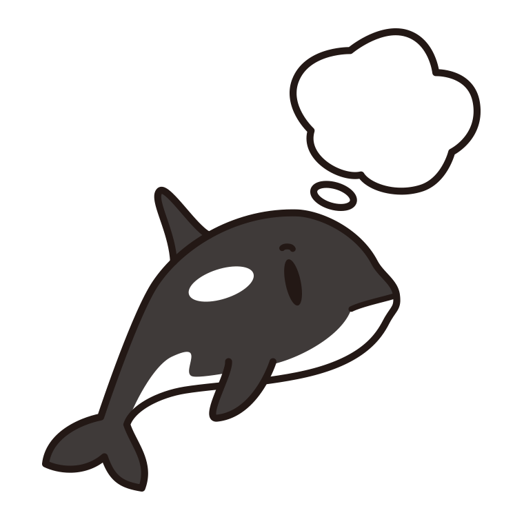考えるシャチちゃんのイラスト【色あり、背景なし】透過PNG