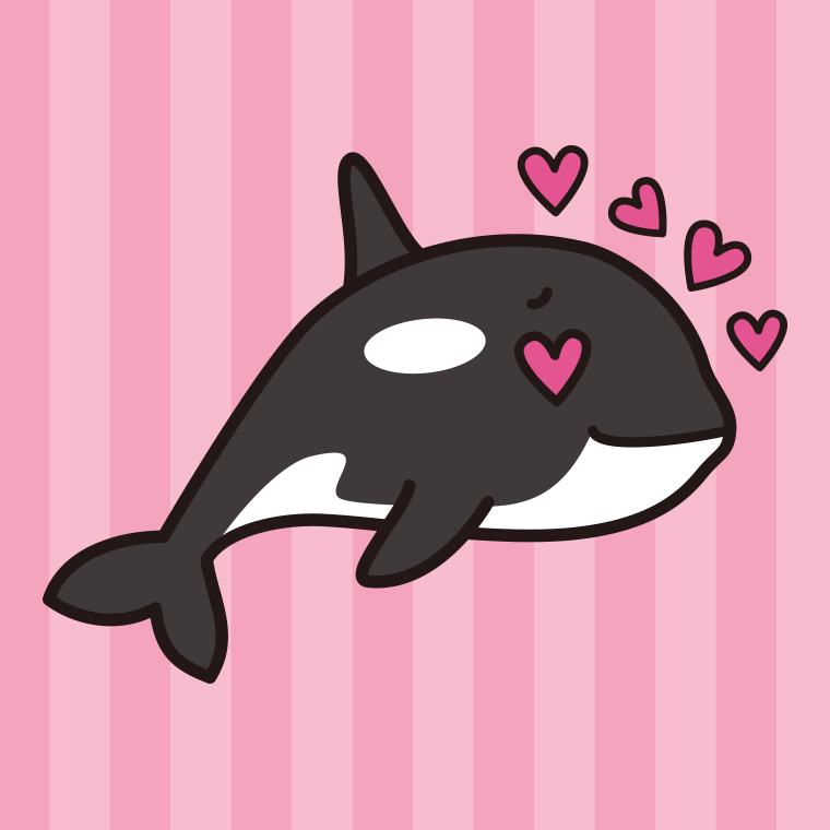 目がハートのシャチちゃんのイラスト【色、背景あり】PNG