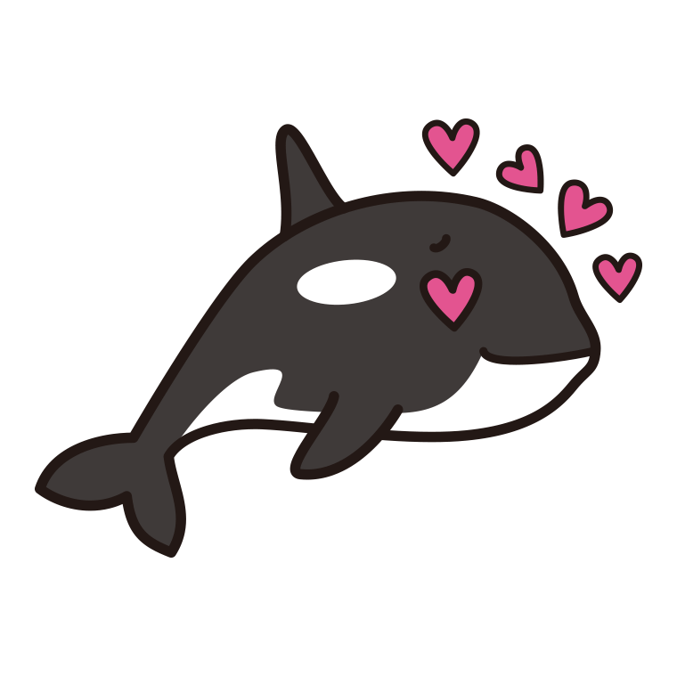 目がハートのシャチちゃんのイラスト【色あり、背景なし】透過PNG