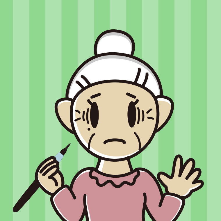 ほくろを描き足して困るおばあさんのイラスト【色、背景あり】PNG