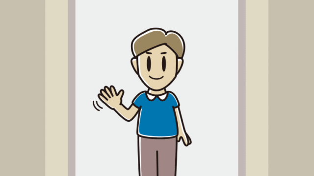 エレベーターで手を振る男性のイラスト【色、背景あり】PNG