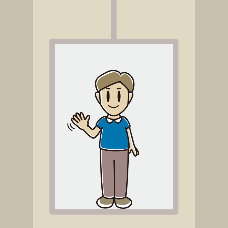 エレベーターで手を振る男性のイラスト【色、背景あり】PNG