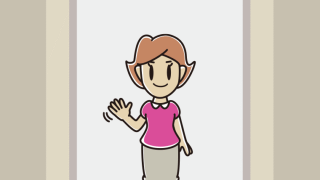 エレベーターで手を振る女性のイラスト【色、背景あり】PNG