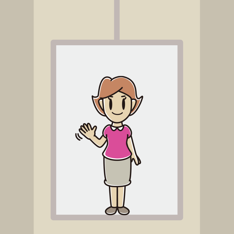 エレベーターで手を振る女性のイラスト【色、背景あり】PNG