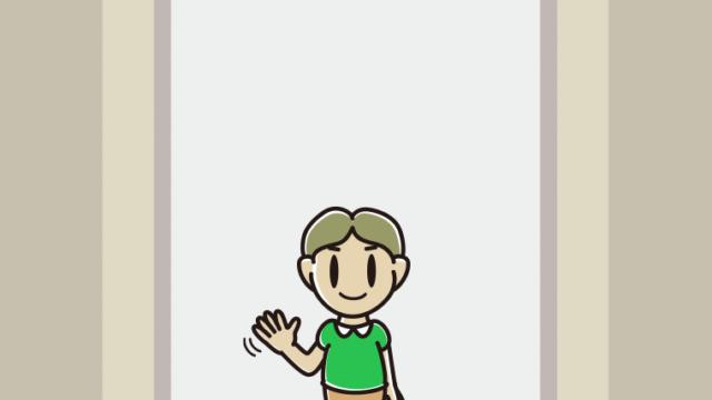 エレベーターで手を振る小学生男子のイラスト【色、背景あり】PNG